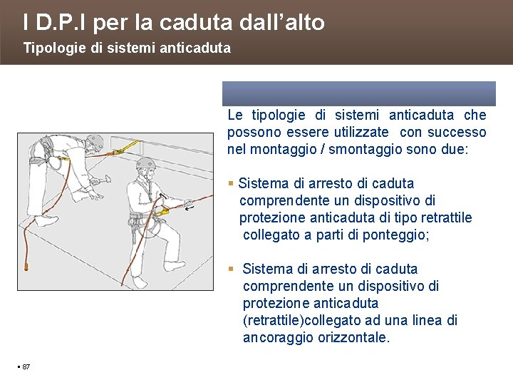 I D. P. I per la caduta dall’alto Tipologie di sistemi anticaduta Le tipologie