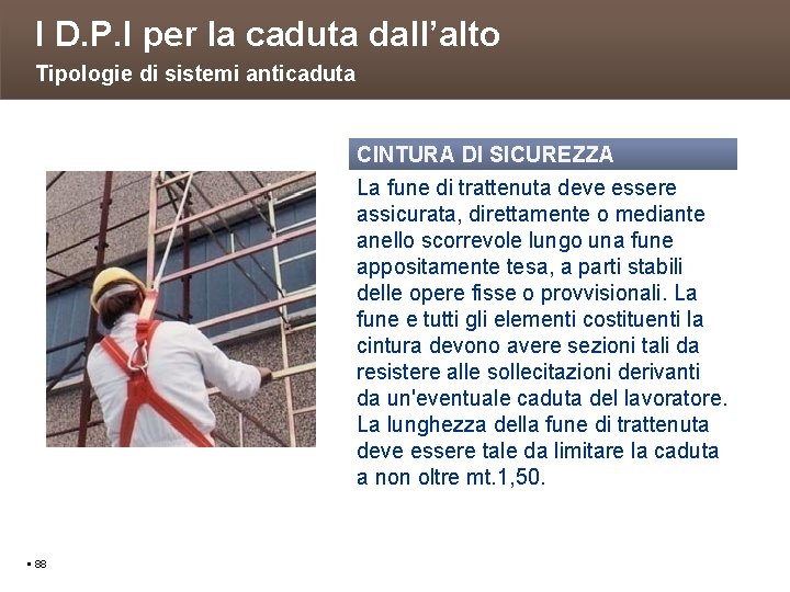 I D. P. I per la caduta dall’alto Tipologie di sistemi anticaduta CINTURA DI