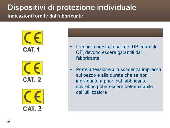 Dispositivi di protezione individuale Indicazioni fornite dal fabbricante I requisiti prestazionali dei DPI marcati