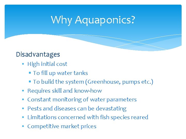 Why Aquaponics? Disadvantages • High initial cost § To fill up water tanks §