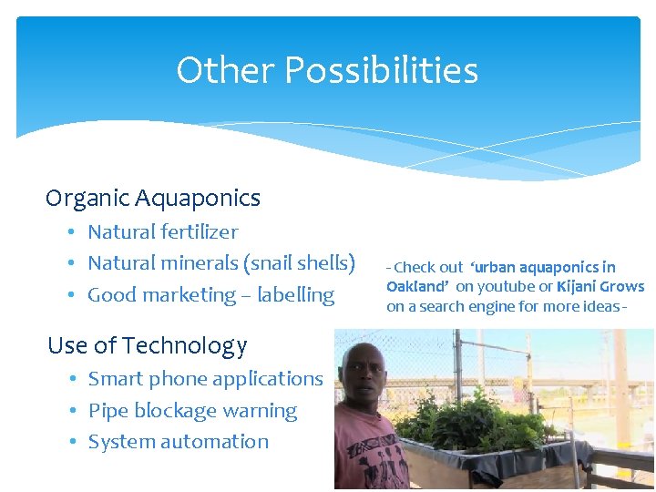 Other Possibilities Organic Aquaponics • Natural fertilizer • Natural minerals (snail shells) • Good