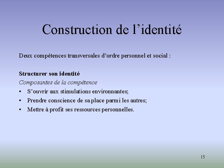 Construction de l’identité Deux compétences transversales d’ordre personnel et social : Structurer son identité