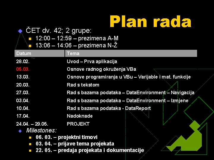 u ČET dv. 42; 2 grupe: n n Plan rada 12: 00 – 12: