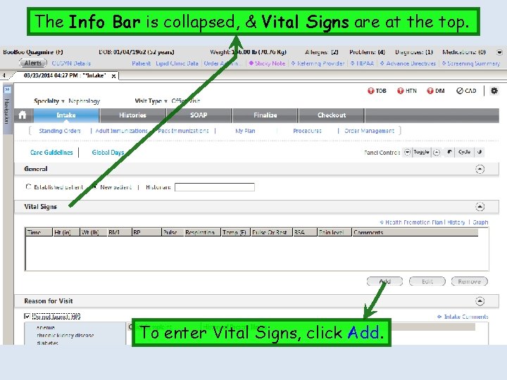 The Info Bar is collapsed, & Vital Signs are at the top. To enter