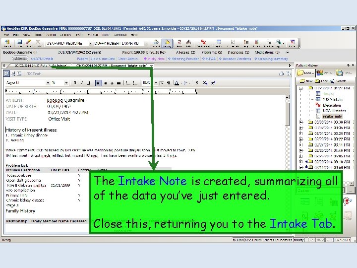 The Intake Note is created, summarizing all of the data you’ve just entered. Close