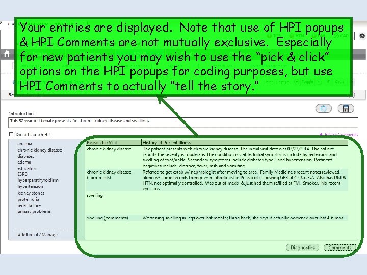 Your entries are displayed. Note that use of HPI popups & HPI Comments are