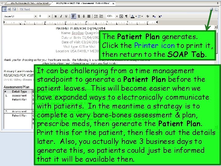 The Patient Plan generates. Click the Printer icon to print it, then return to