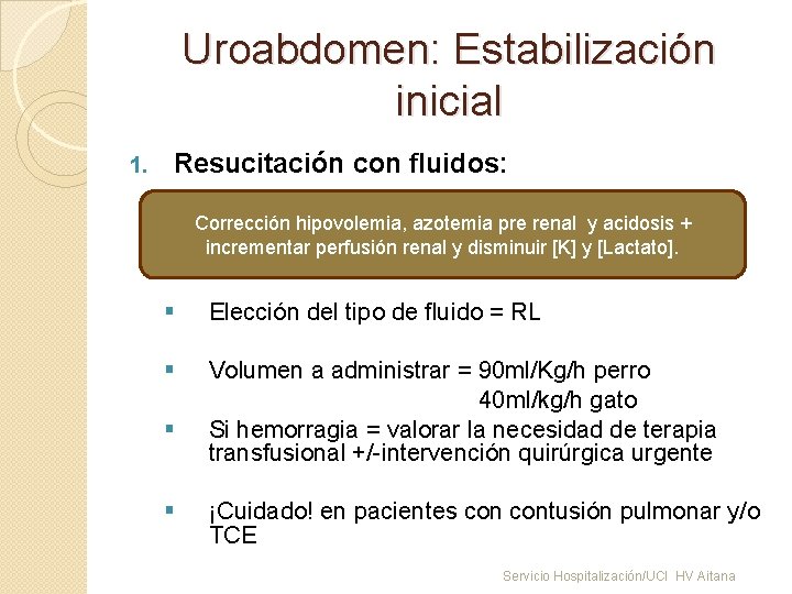 Uroabdomen: Estabilización inicial 1. Resucitación con fluidos: Corrección hipovolemia, azotemia pre renal y acidosis