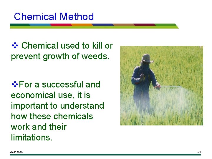 Chemical Method v Chemical used to kill or prevent growth of weeds. v. For