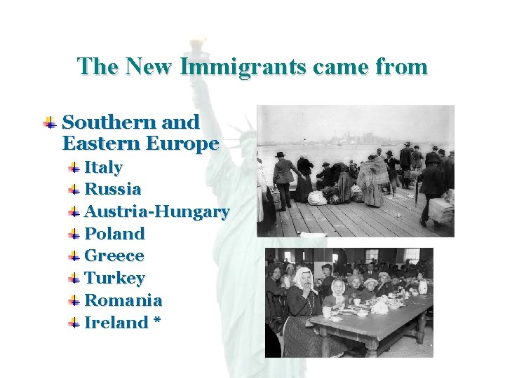 The New Immigrants came from Southern and Eastern Europe Italy Russia Austria-Hungary Poland Greece