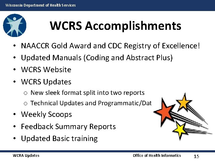 Wisconsin Department of Health Services WCRS Accomplishments • • NAACCR Gold Award and CDC