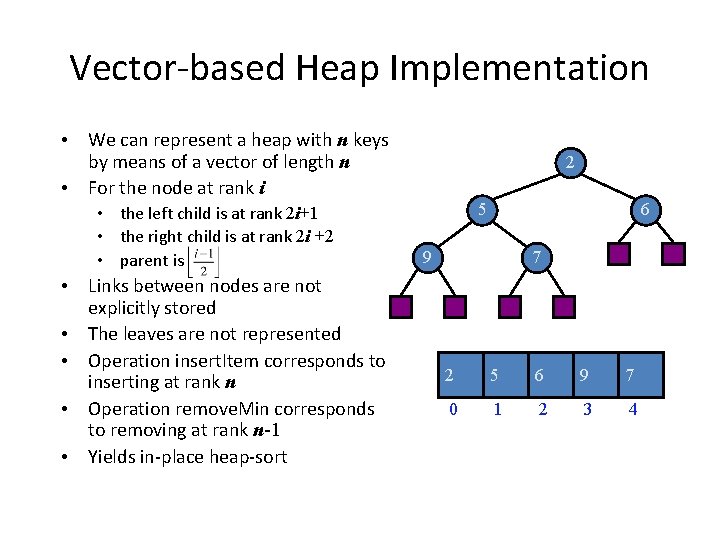 Vector-based Heap Implementation • We can represent a heap with n keys by means