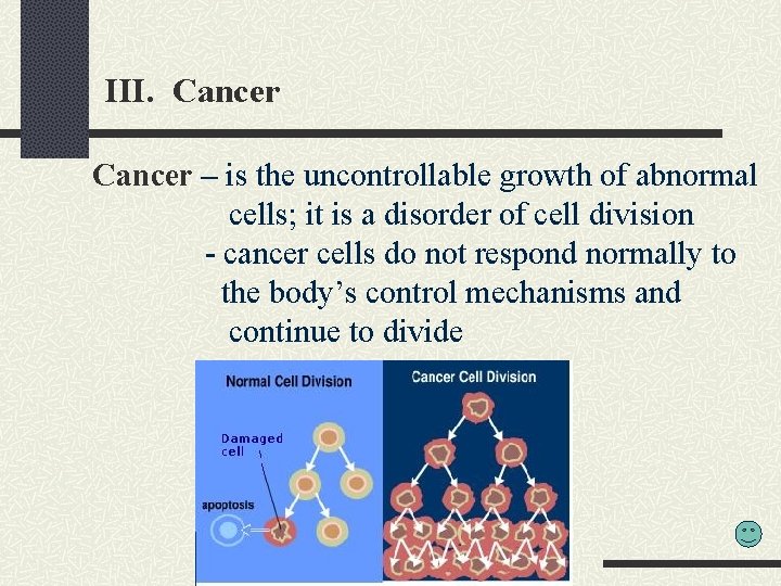 III. Cancer – is the uncontrollable growth of abnormal cells; it is a disorder