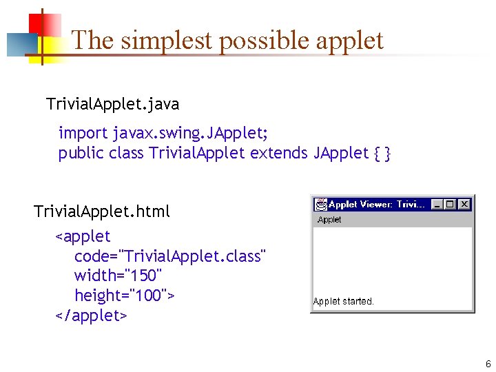 The simplest possible applet Trivial. Applet. java import javax. swing. JApplet; public class Trivial.