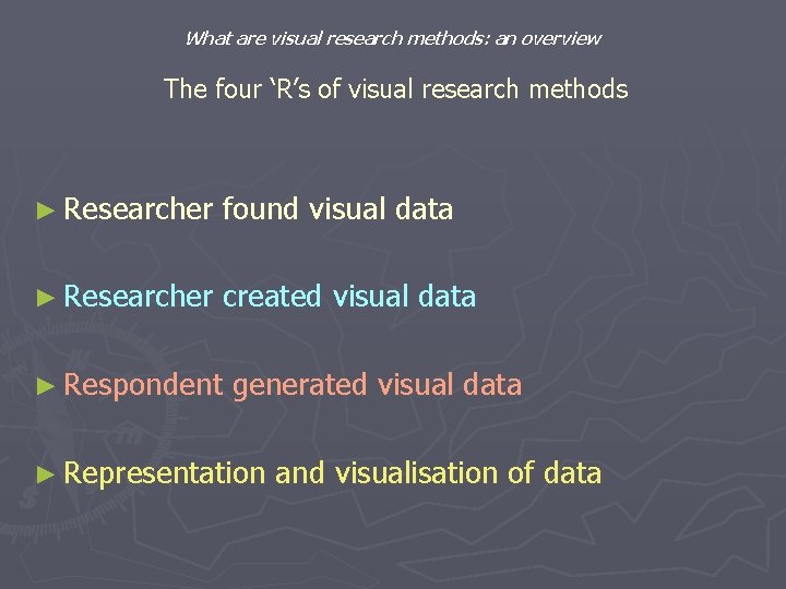 What are visual research methods: an overview The four ‘R’s of visual research methods