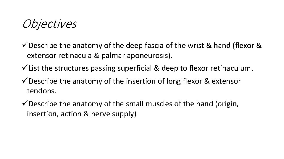 Objectives üDescribe the anatomy of the deep fascia of the wrist & hand (flexor