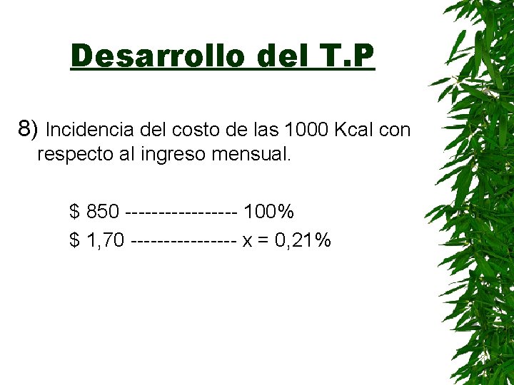 Desarrollo del T. P 8) Incidencia del costo de las 1000 Kcal con respecto