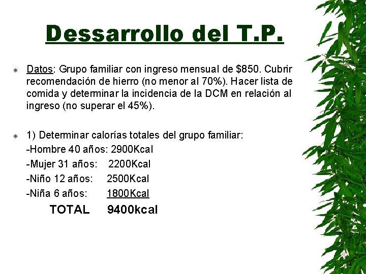 Dessarrollo del T. P. Datos: Grupo familiar con ingreso mensual de $850. Cubrir recomendación