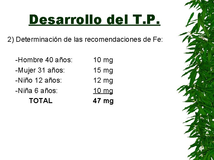 Desarrollo del T. P. 2) Determinación de las recomendaciones de Fe: -Hombre 40 años: