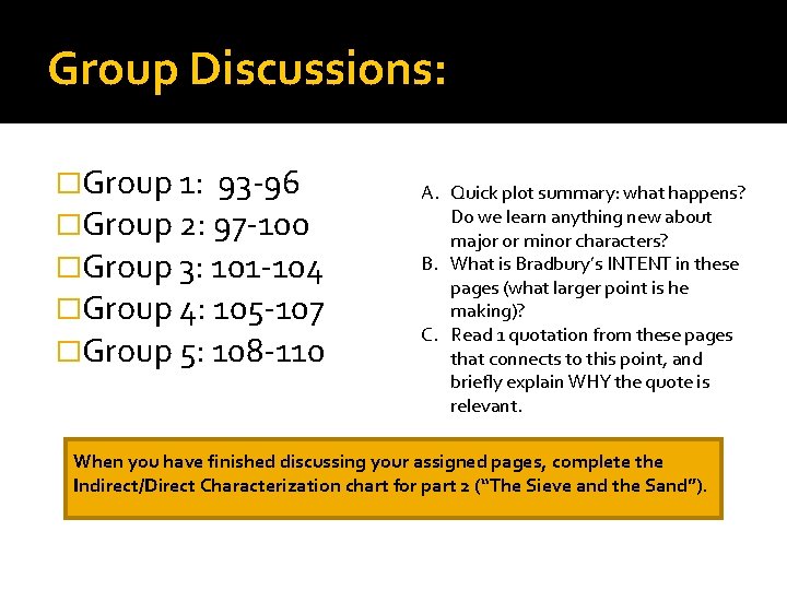 Group Discussions: �Group 1: 93 -96 �Group 2: 97 -100 �Group 3: 101 -104