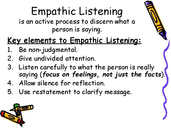 Empathic Listening is an active process to discern what a person is saying. Key
