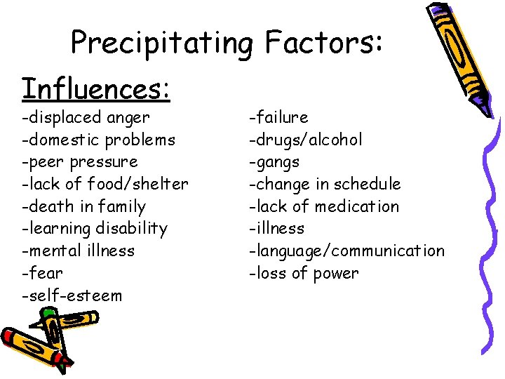 Precipitating Factors: Influences: -displaced anger -domestic problems -peer pressure -lack of food/shelter -death in