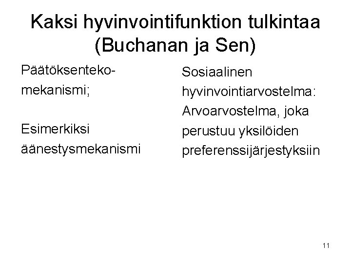 Kaksi hyvinvointifunktion tulkintaa (Buchanan ja Sen) Päätöksentekomekanismi; Esimerkiksi äänestysmekanismi Sosiaalinen hyvinvointiarvostelma: Arvoarvostelma, joka perustuu