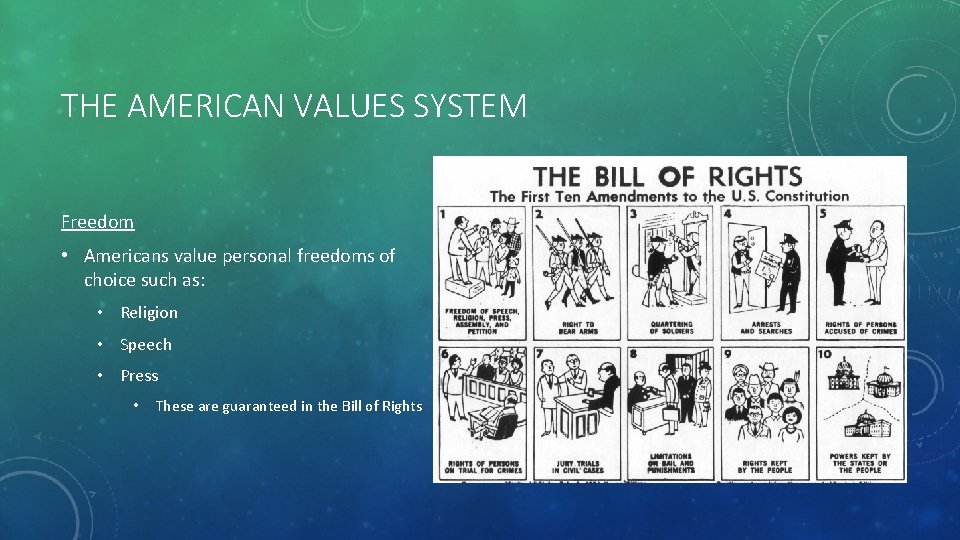 THE AMERICAN VALUES SYSTEM Freedom • Americans value personal freedoms of choice such as:
