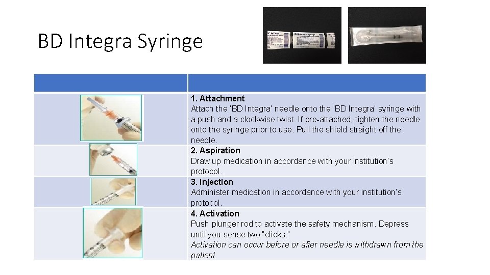 BD Integra Syringe 1. Attachment Attach the ‘BD Integra’ needle onto the ‘BD Integra’