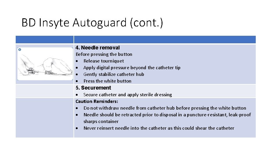 BD Insyte Autoguard (cont. ) 4. Needle removal Before pressing the button Release tourniquet