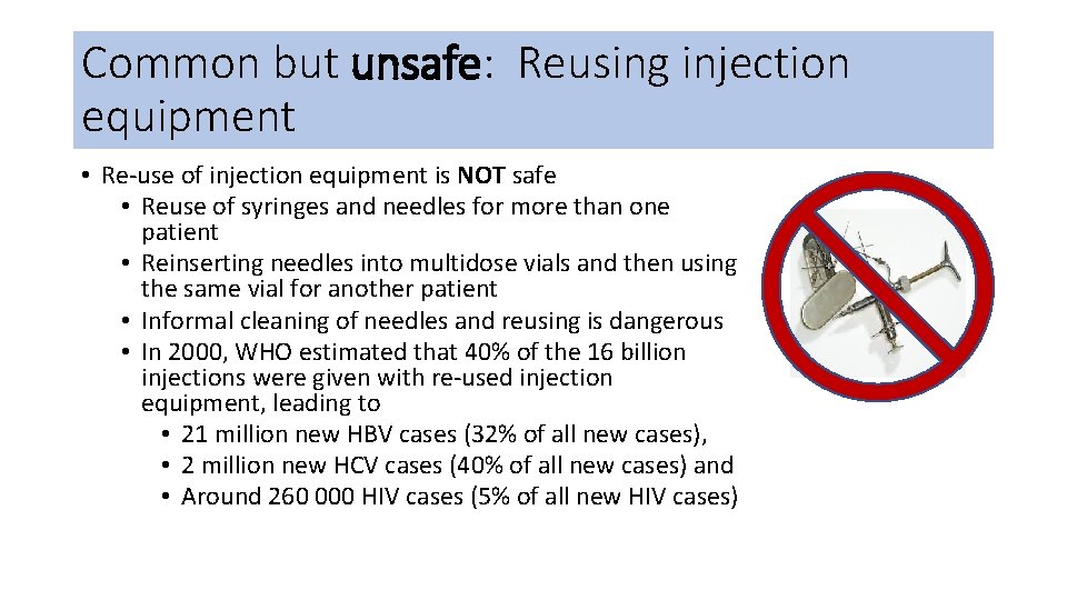 Common but unsafe: Reusing injection equipment • Re-use of injection equipment is NOT safe