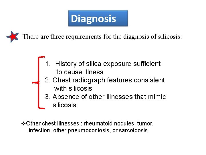 Diagnosis There are three requirements for the diagnosis of silicosis: 1. History of silica