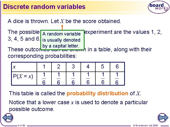 Discrete random variables A dice is thrown. Let X be the score obtained. The