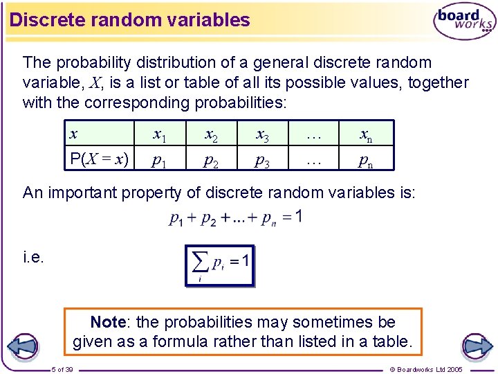 Discrete random variables The probability distribution of a general discrete random variable, X, is