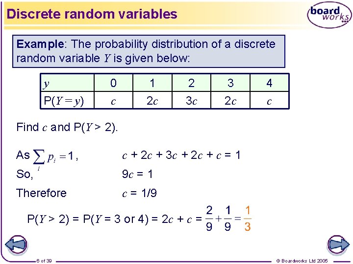 Discrete random variables Example: The probability distribution of a discrete random variable Y is