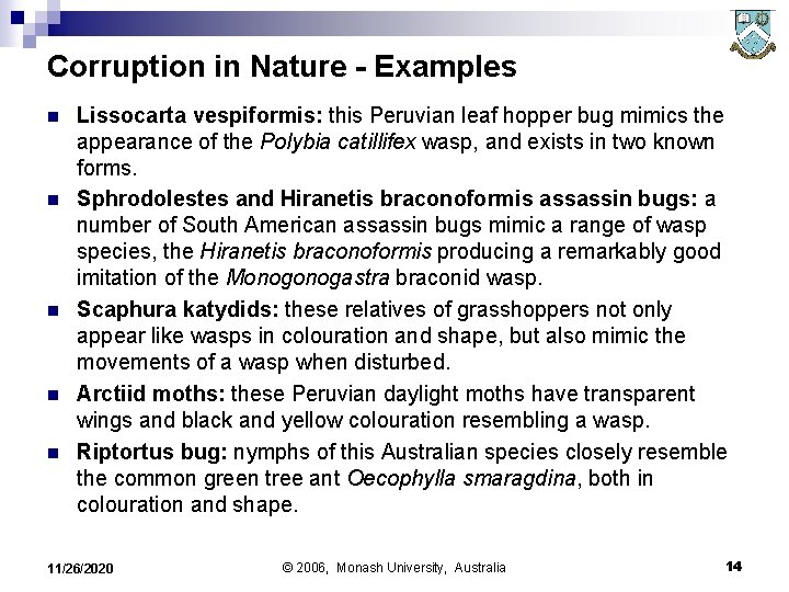 Corruption in Nature - Examples n n n Lissocarta vespiformis: this Peruvian leaf hopper