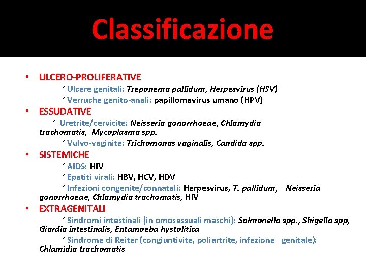 Classificazione • ULCERO-PROLIFERATIVE ° Ulcere genitali: Treponema pallidum, Herpesvirus (HSV) ° Verruche genito-anali: papillomavirus