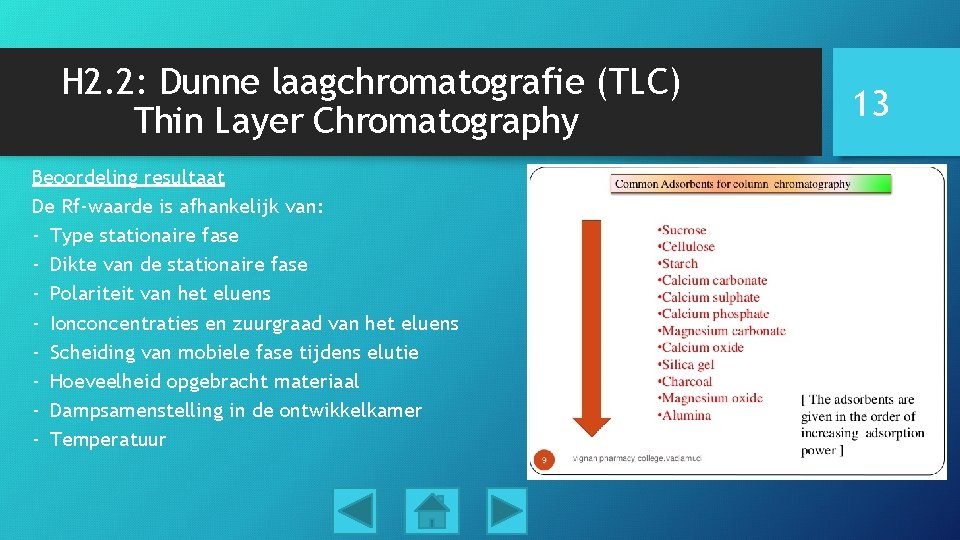 H 2. 2: Dunne laagchromatografie (TLC) Thin Layer Chromatography Beoordeling resultaat De Rf-waarde is
