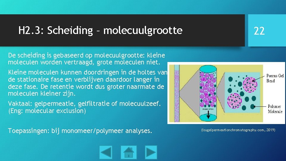 H 2. 3: Scheiding – molecuulgrootte 22 De scheiding is gebaseerd op molecuulgrootte: kleine