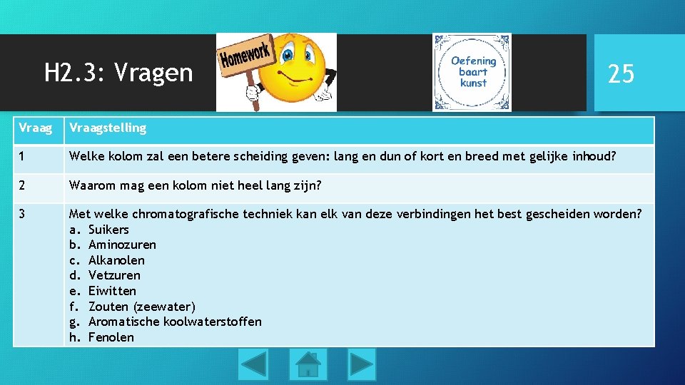H 2. 3: Vragen 25 Vraagstelling 1 Welke kolom zal een betere scheiding geven:
