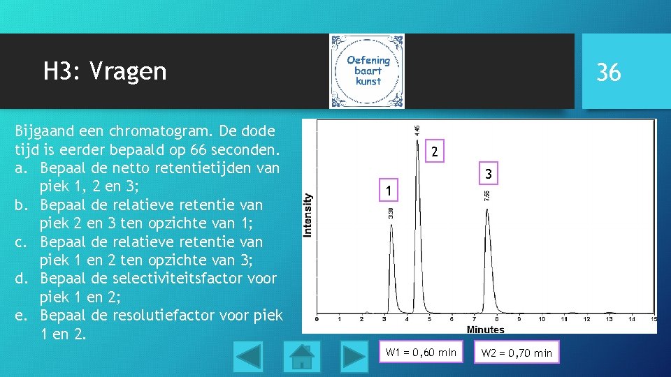 H 3: Vragen Bijgaand een chromatogram. De dode tijd is eerder bepaald op 66