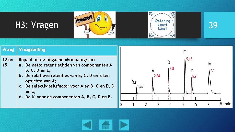 H 3: Vragen Vraagstelling 12 en 15 Bepaal uit de bijgaand chromatogram: a. De