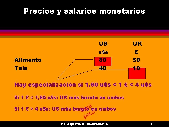 Precios y salarios monetarios US u$s Alimento Tela 80 40 UK £ 50 10 Precios y salarios monetarios US u$s Alimento Tela 80 40 UK £ 50 10