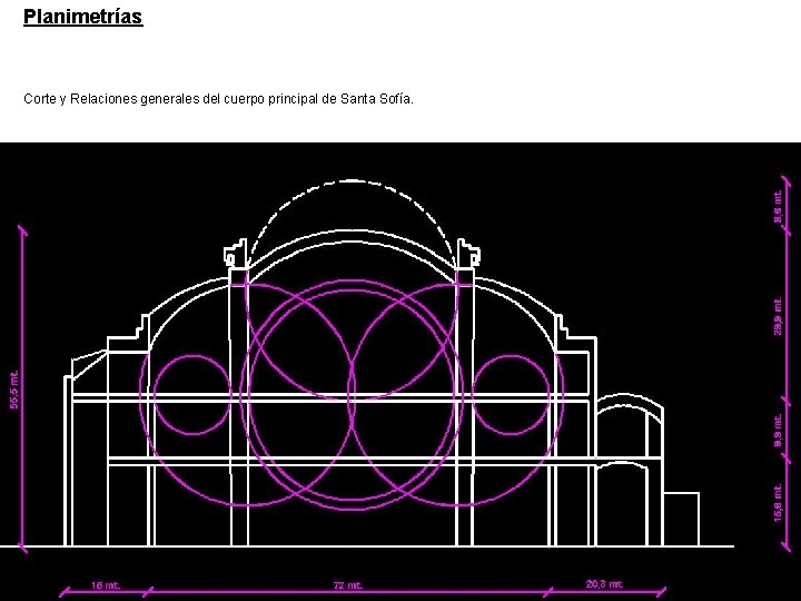 Planimetrías Corte y Relaciones generales del cuerpo principal de Santa Sofía. 
