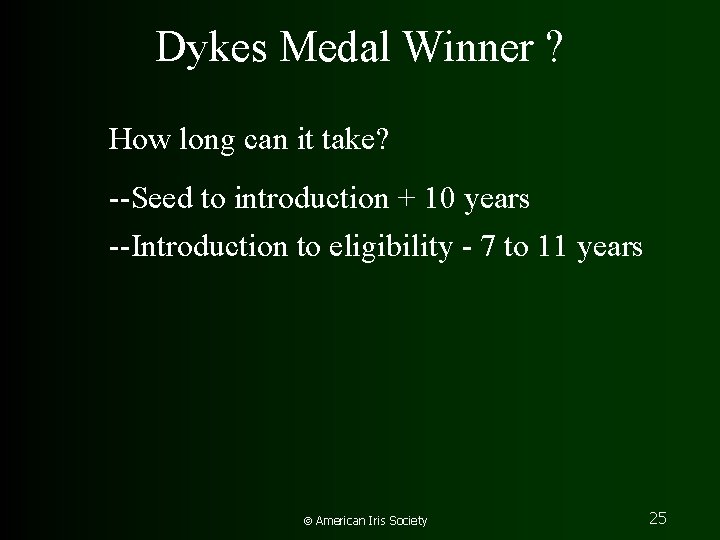 Dykes Medal Winner ? How long can it take? --Seed to introduction + 10