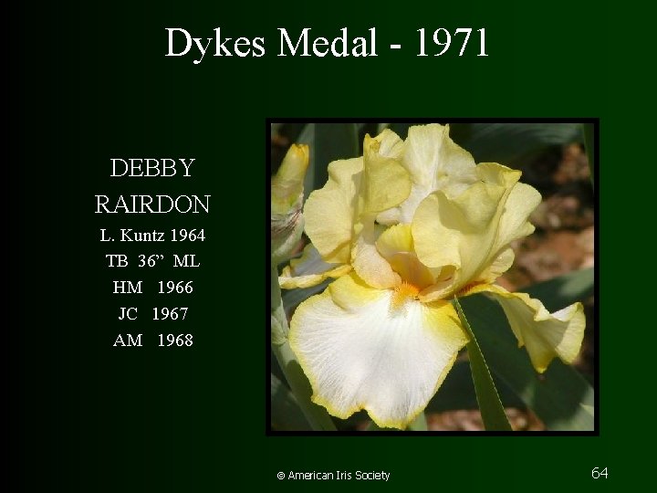 Dykes Medal - 1971 DEBBY RAIRDON L. Kuntz 1964 TB 36” ML HM 1966