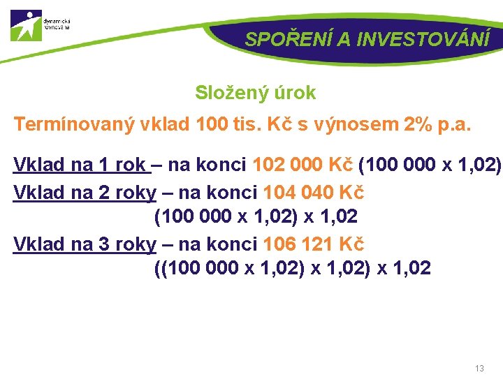 SPOŘENÍ A INVESTOVÁNÍ Složený úrok Termínovaný vklad 100 tis. Kč s výnosem 2% p.