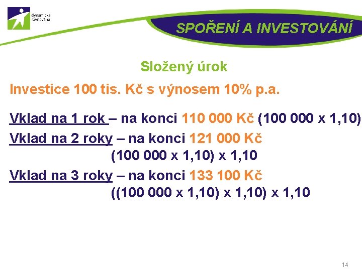 SPOŘENÍ A INVESTOVÁNÍ Složený úrok Investice 100 tis. Kč s výnosem 10% p. a.