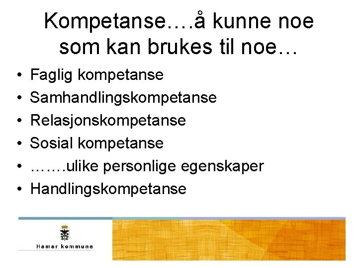 Kompetanse…. å kunne noe som kan brukes til noe… • • • Faglig kompetanse