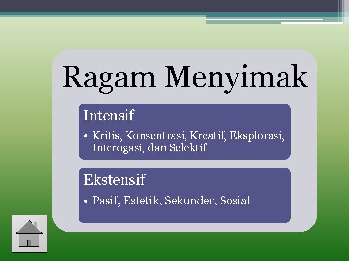 Ragam Menyimak Intensif • Kritis, Konsentrasi, Kreatif, Eksplorasi, Interogasi, dan Selektif Ekstensif • Pasif,